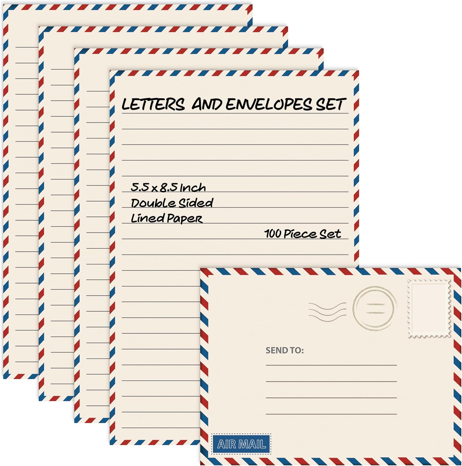 Airmail Design Lined Paper and Envelopes, 100-Piece
